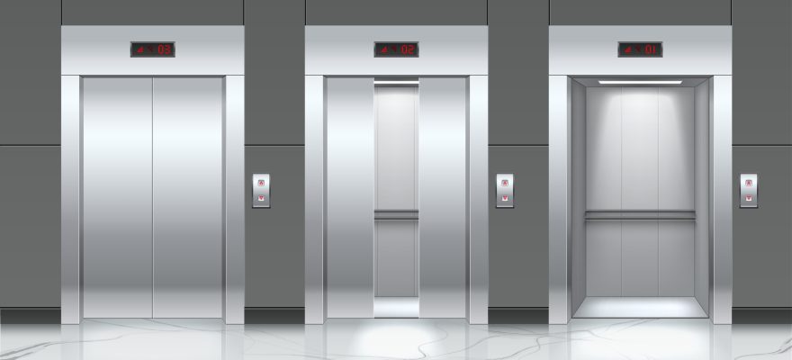Three elevator doors opening.