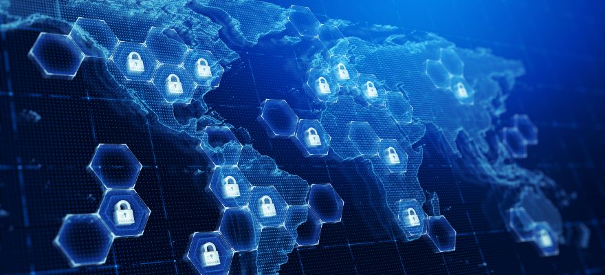 World map with security locks grid